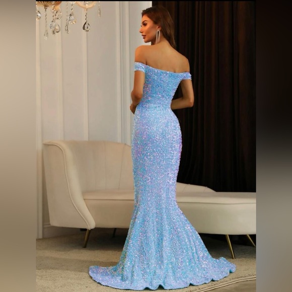Off Shoulder Split Thigh Sequin Prom Dress - Picture 3 of 3
